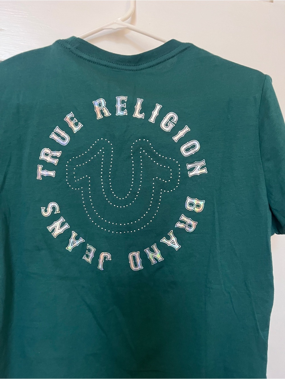 NWT True Religion Women's Teal Short Sleeve Rhinestone Logo Tee - Picture 6 of 6